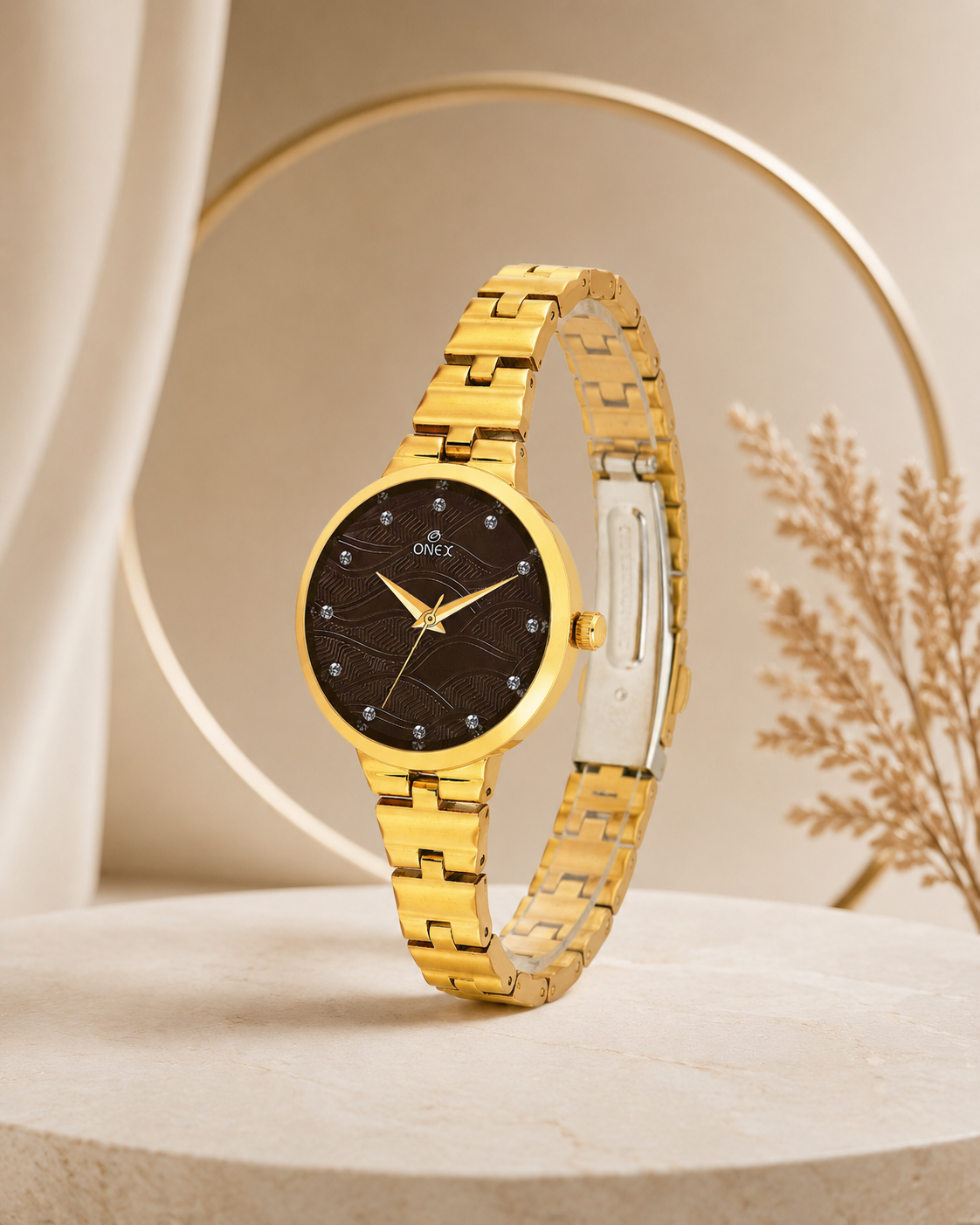 ONEX Stylish Gold Bracelet Watch for Women with Designer Textured Dial