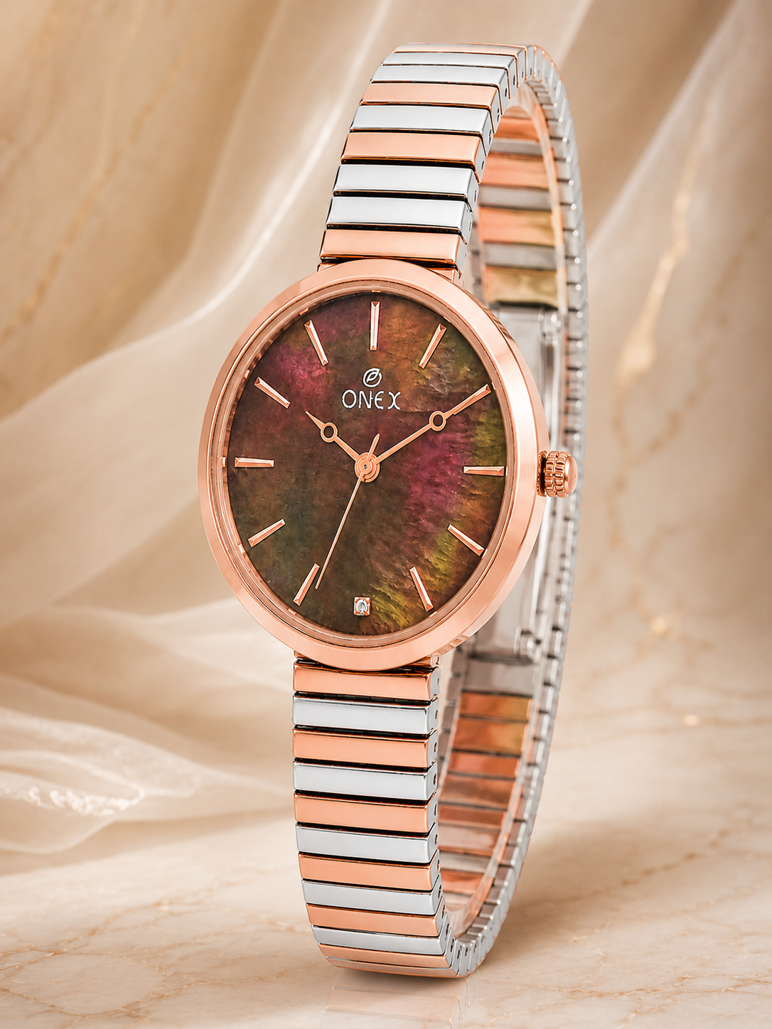 Onex Women’s Rose Gold Brown Pearl Dial Slim Bracelet Watch