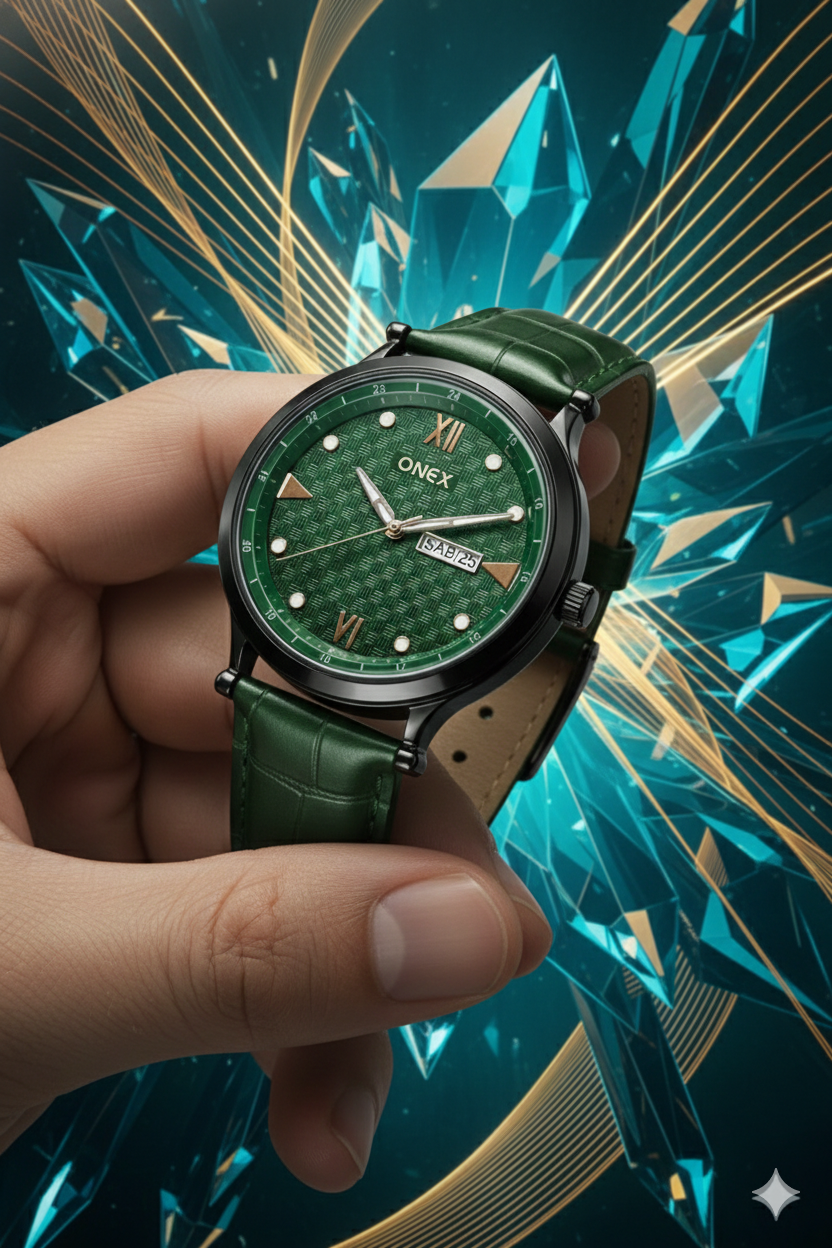 ONEX Men’s Analog Watch with Day & Date Display, Green Textured Dial, Green Leather Strap, Roman Index – Stylish Formal Wrist Watch for Men