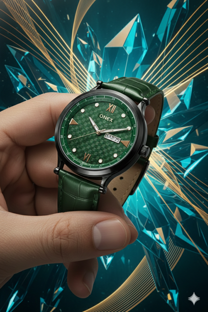 ONEX Men’s Analog Watch with Day & Date Display, Green Textured Dial, Green Leather Strap, Roman Index – Stylish Formal Wrist Watch for Men