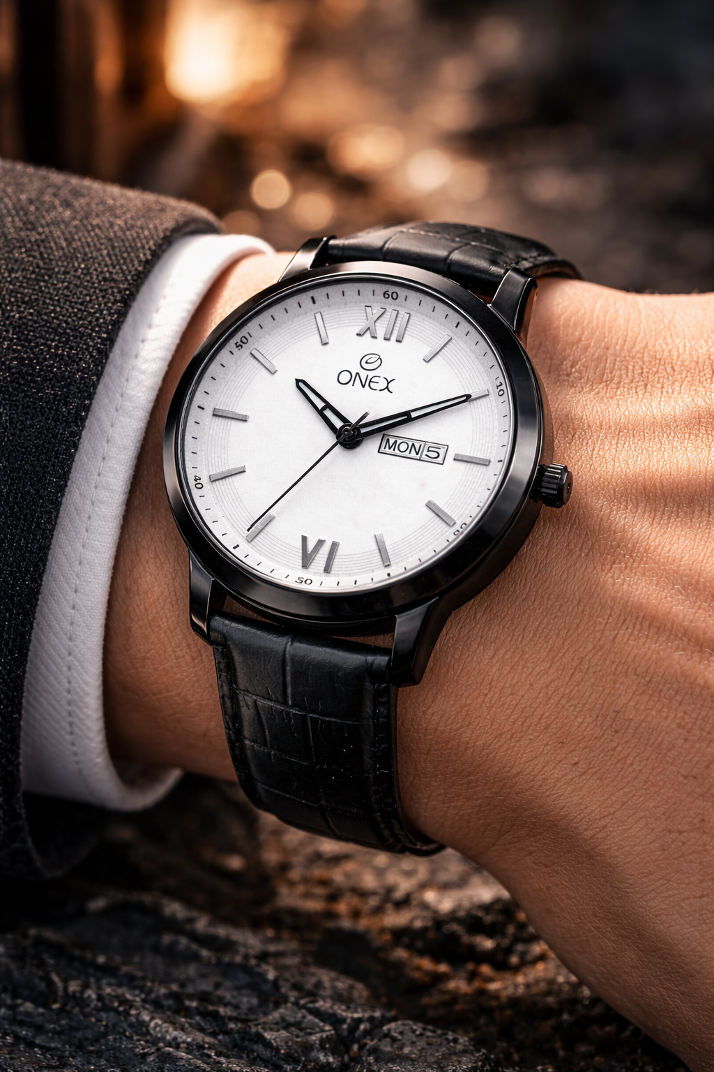 ONEX Men's Day & Date Analog Watch – White Dial, Black Case & Black Leather Strap