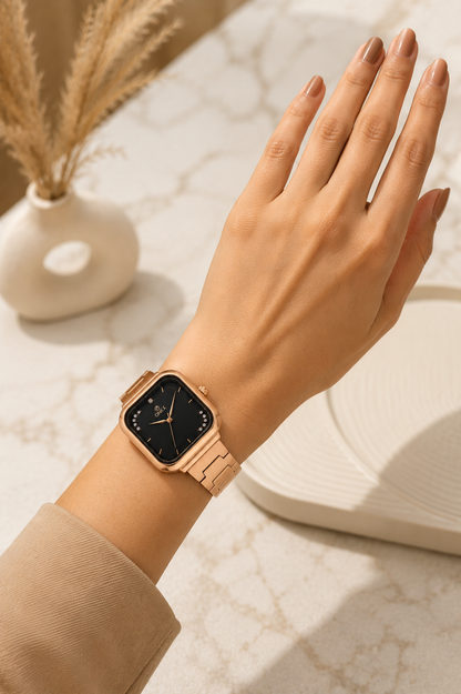 ONEX Rose Gold Square Dial Analog Watch for Women | Crystal Accent Dial | Metal Strap