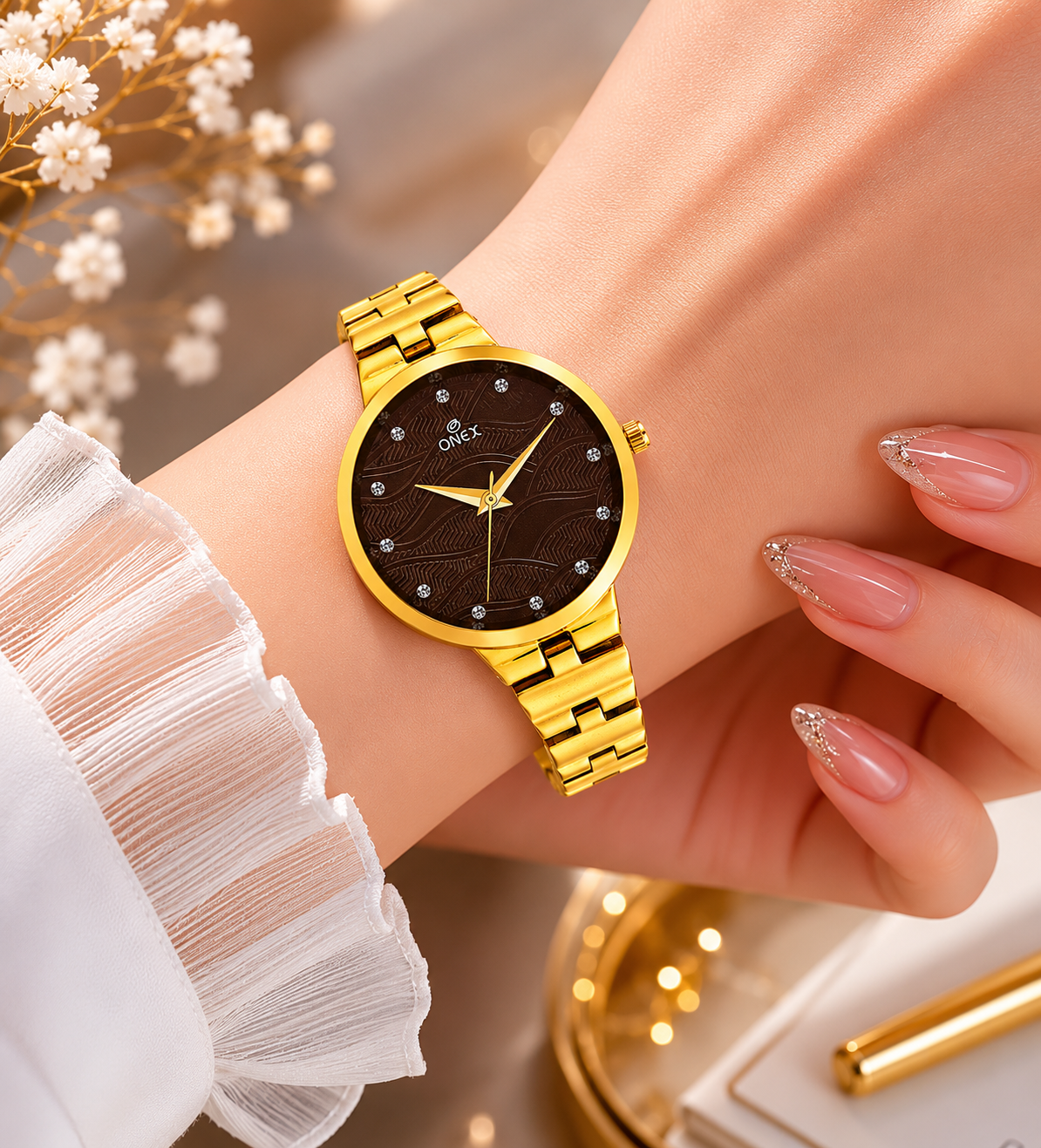 ONEX Stylish Gold Bracelet Watch for Women with Designer Textured Dial