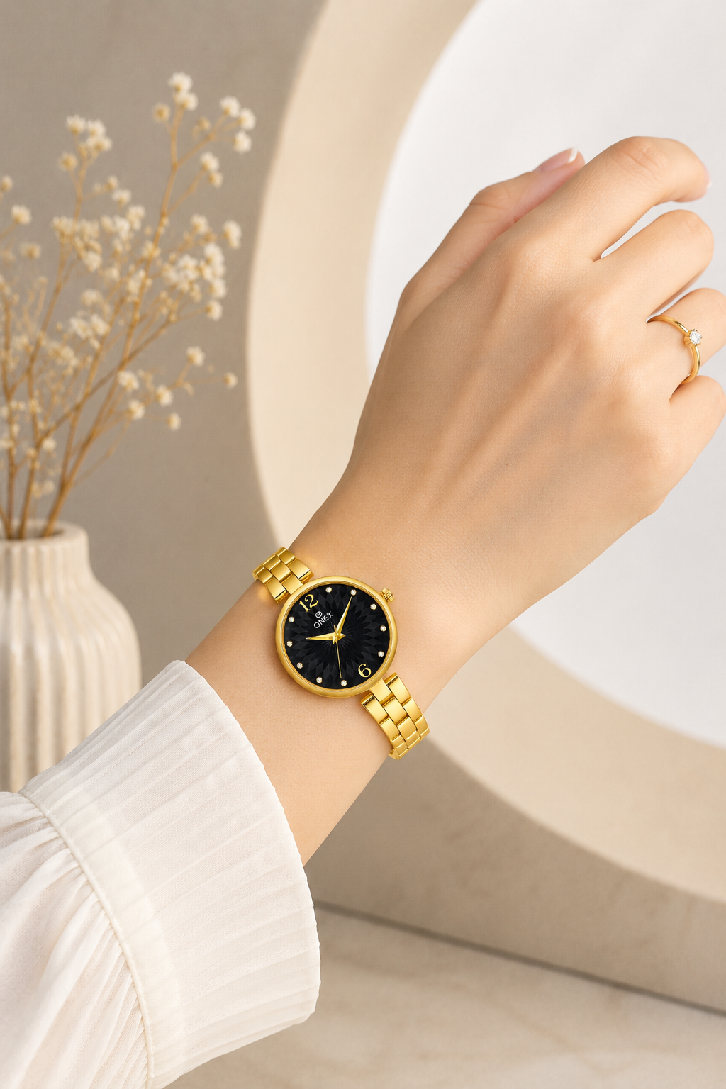 ONEX Women’s Gold-Tone Designer Bracelet Watch with Crystal Studded Dial Black