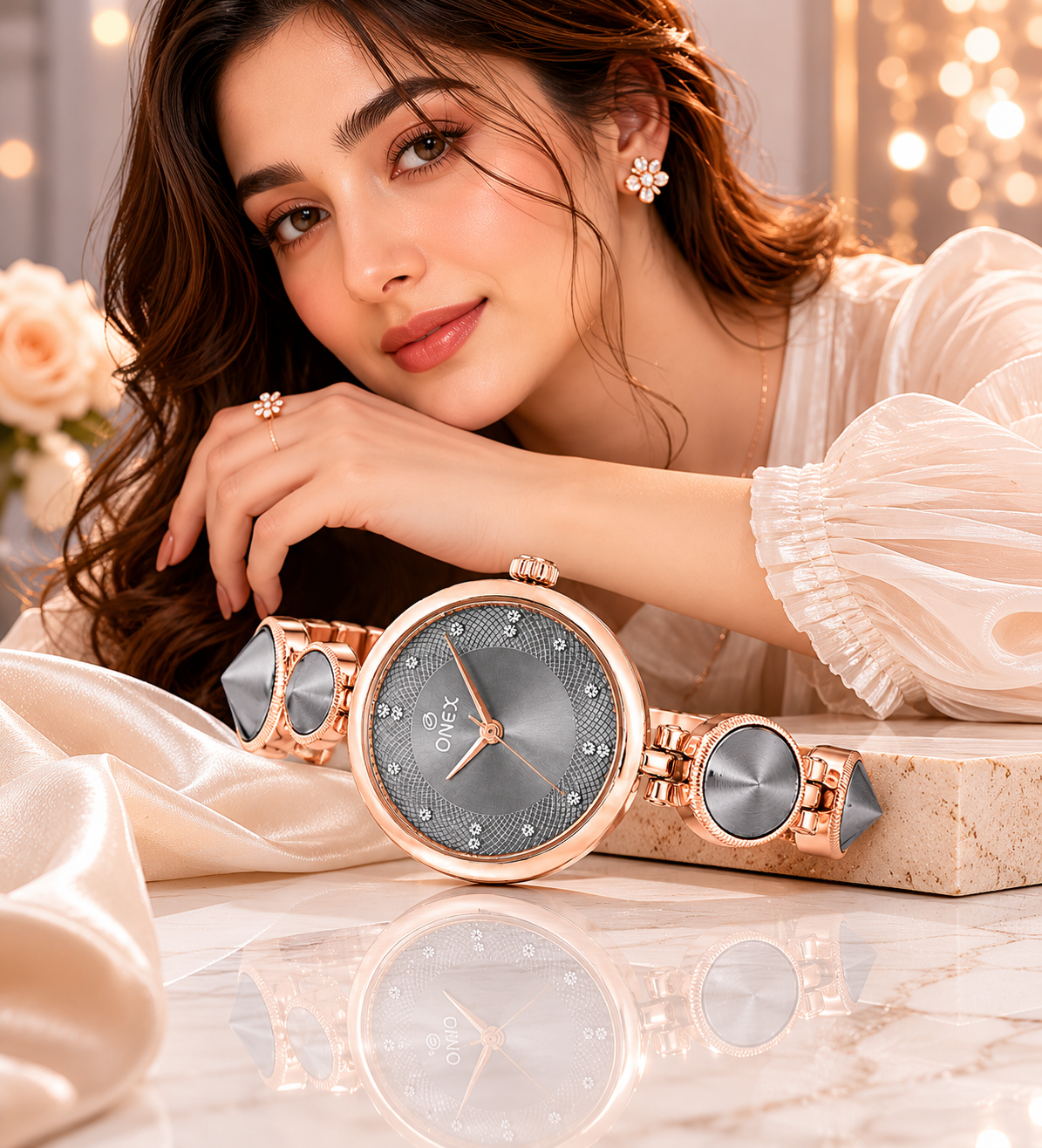 Onex Women’s Rose Gold Designer Bracelet Watch with Grey Textured Dial