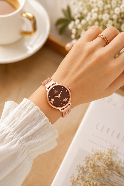 Onex Women’s Rose Gold Bracelet Watch with Crystal Markers & Dragonfly Dial