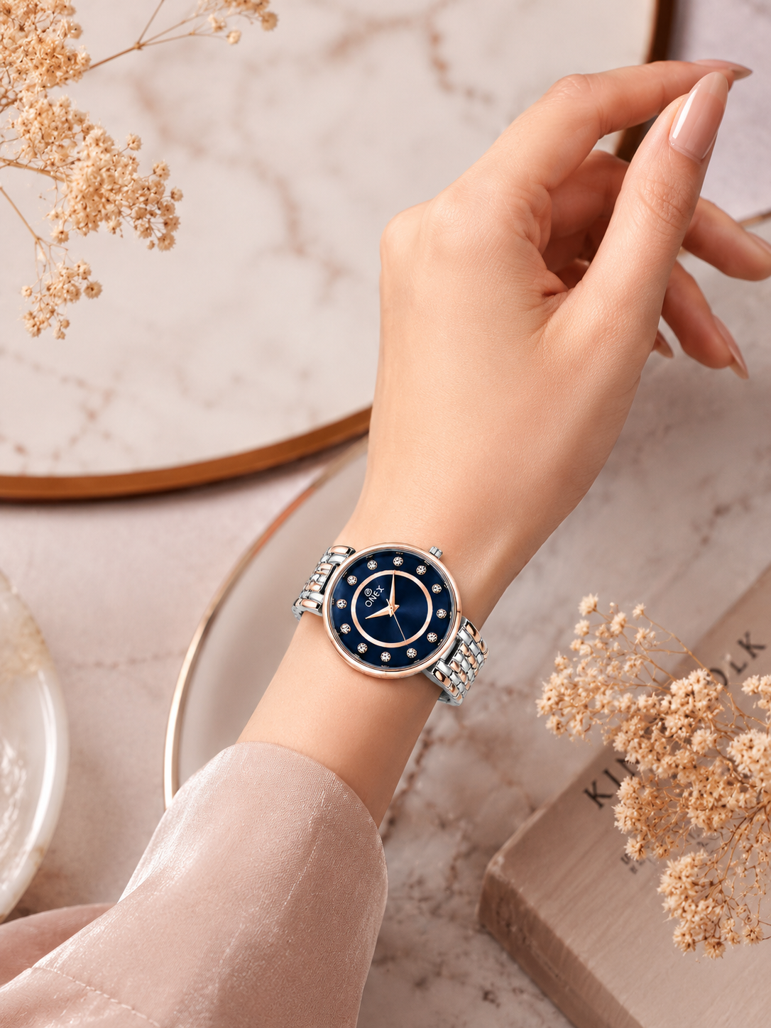 Onex Women’s Blue Analog Watch with Crystal Studded Dial & Dual Tone Bracelet Strap