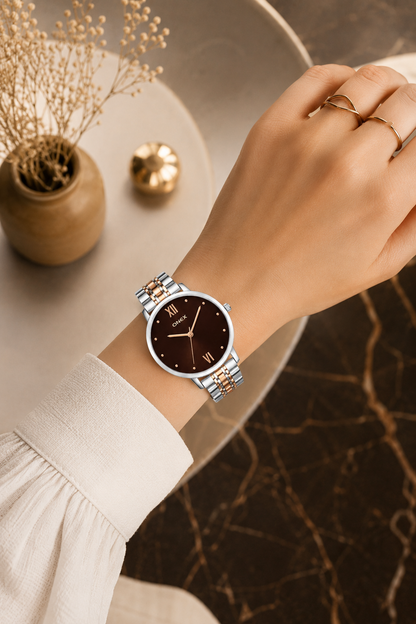 ONEX Women's Analog Wrist Watch for women | Two Tone Stainless Steel Bracelet Strap | Brown Sunray Dial | Premium Casual & Formal Watch