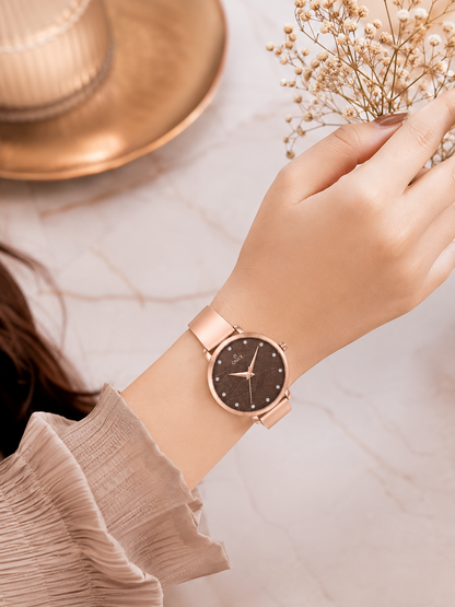 ONEX Women's Rose Gold Stainless Steel Analog Watch | Textured Brown Dial with Crystal Hour Markers | Elegant Bracelet Strap | Fashion Wrist Watch for Women