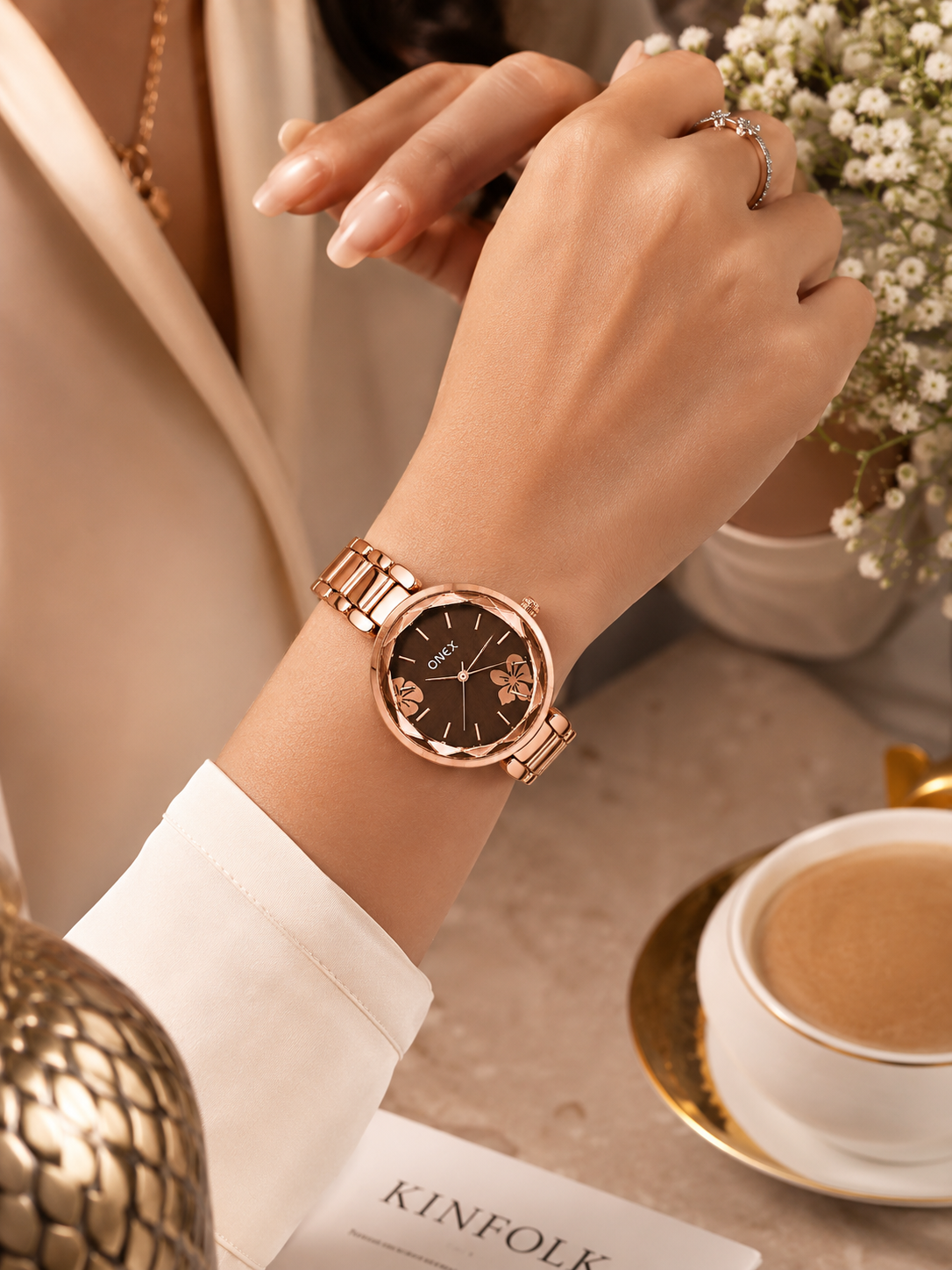 ONEX Women's Rose Gold Analog Watch | Floral Sunray Brown Dial | Premium Bracelet Strap | Quartz Movement | Elegant Dress Watch