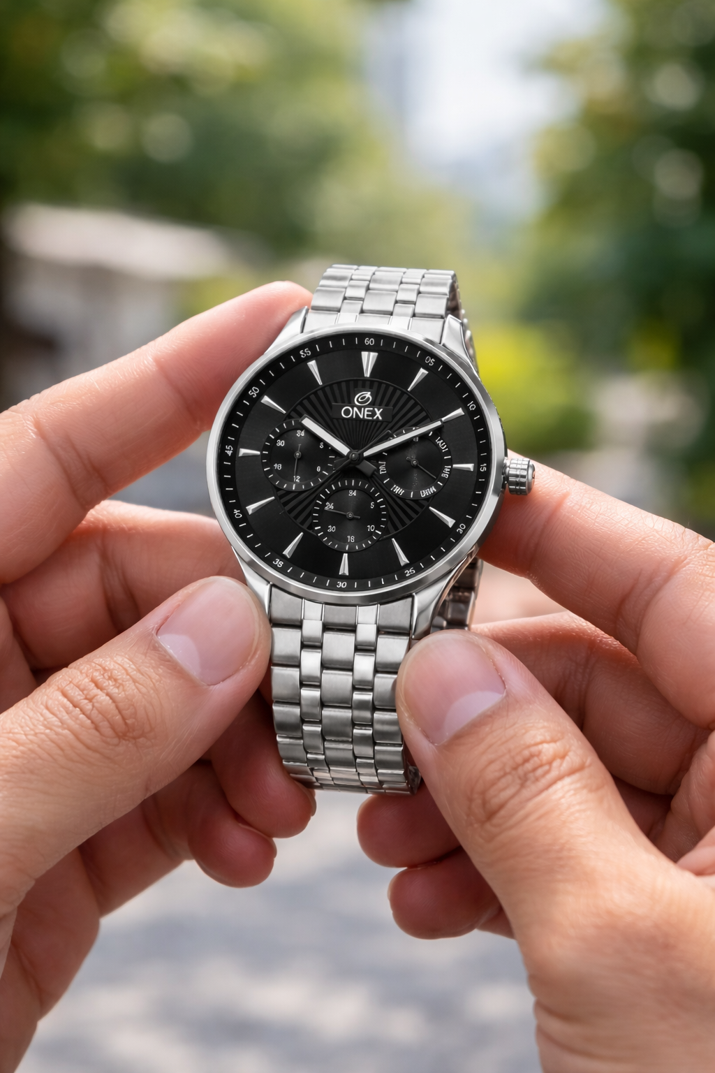 ONEX Men's Premium Multifunction Analog Watch for Men | Black Sunray Dial | Silver Stainless Steel Bracelet | Quartz Movement | Stylish Casual & Formal Wrist Watch