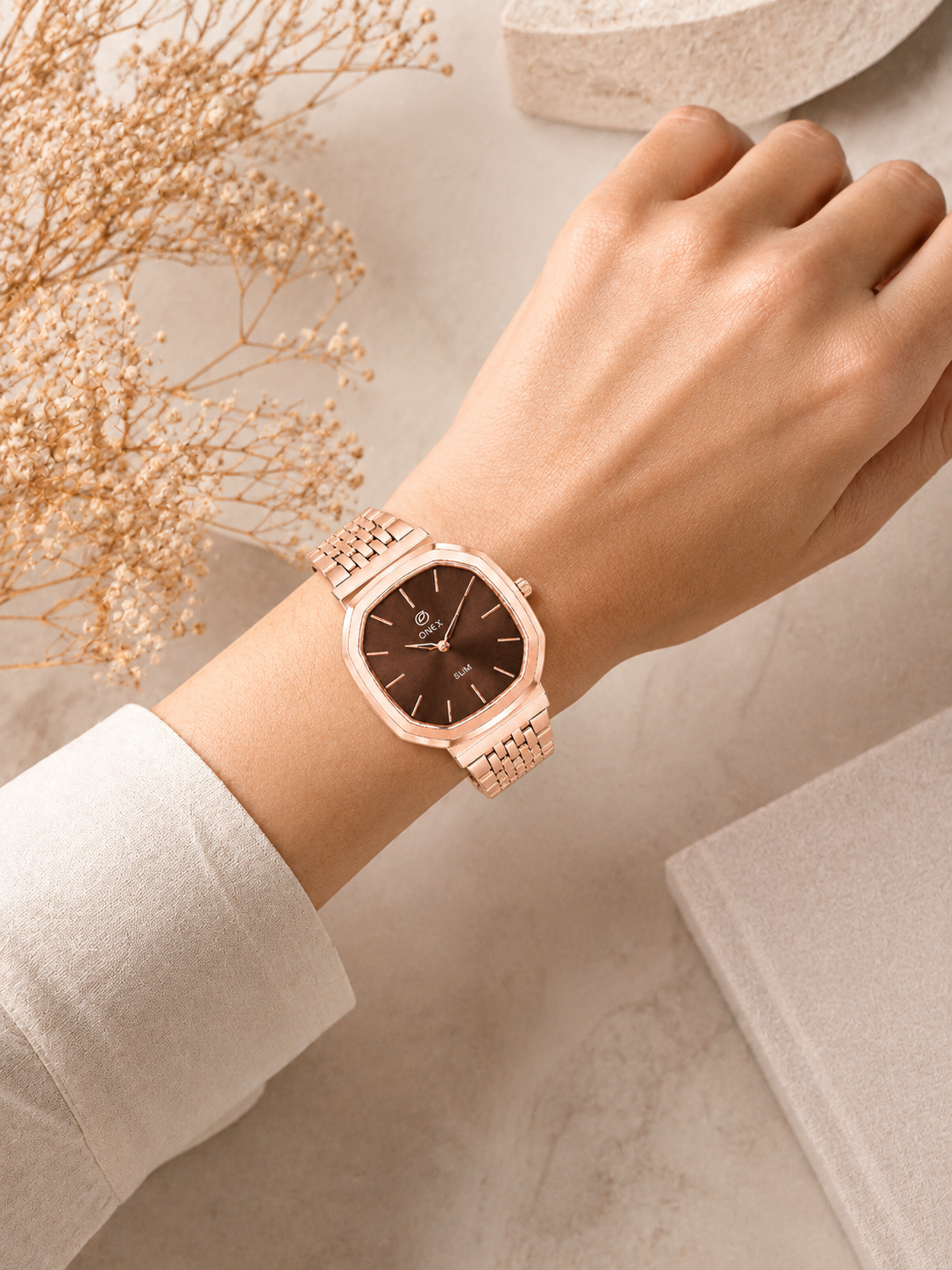 Onex Slim Rose Gold Stainless Steel Analog Watch for Women | Brown Sunray Dial | Elegant Bracelet Strap