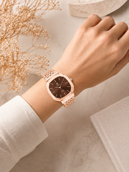 Onex Slim Rose Gold Stainless Steel Analog Watch for Women | Brown Sunray Dial | Elegant Bracelet Strap