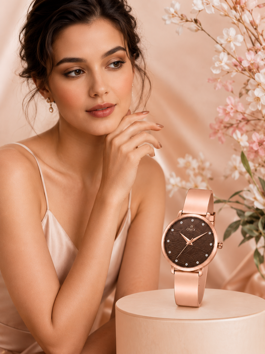 ONEX Women's Rose Gold Stainless Steel Analog Watch | Textured Brown Dial with Crystal Hour Markers | Elegant Bracelet Strap | Fashion Wrist Watch for Women