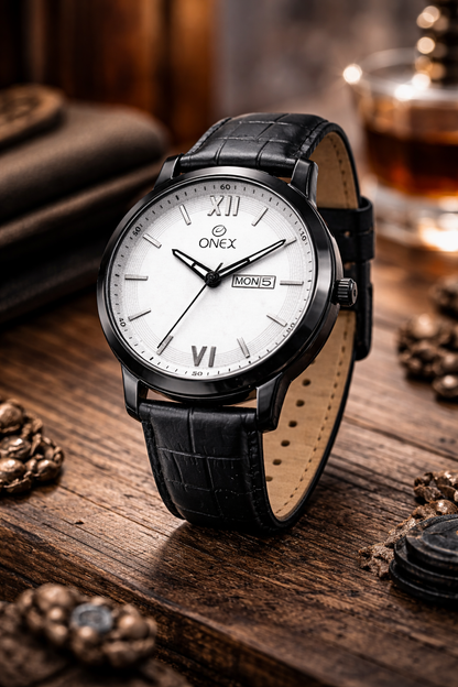 ONEX Men's Day & Date Analog Watch – White Dial, Black Case & Black Leather Strap