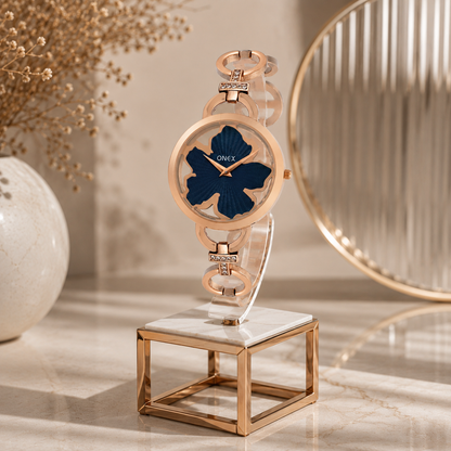 ONEX Rose Gold Women’s Bracelet Watch with Dark Green Textured Dial & Crystal Accents