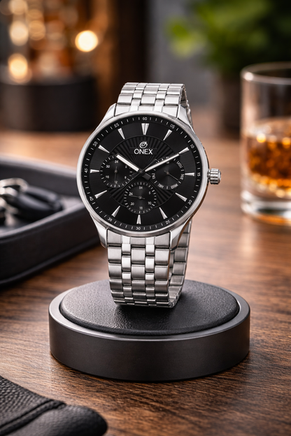ONEX Men's Premium Multifunction Analog Watch for Men | Black Sunray Dial | Silver Stainless Steel Bracelet | Quartz Movement | Stylish Casual & Formal Wrist Watch