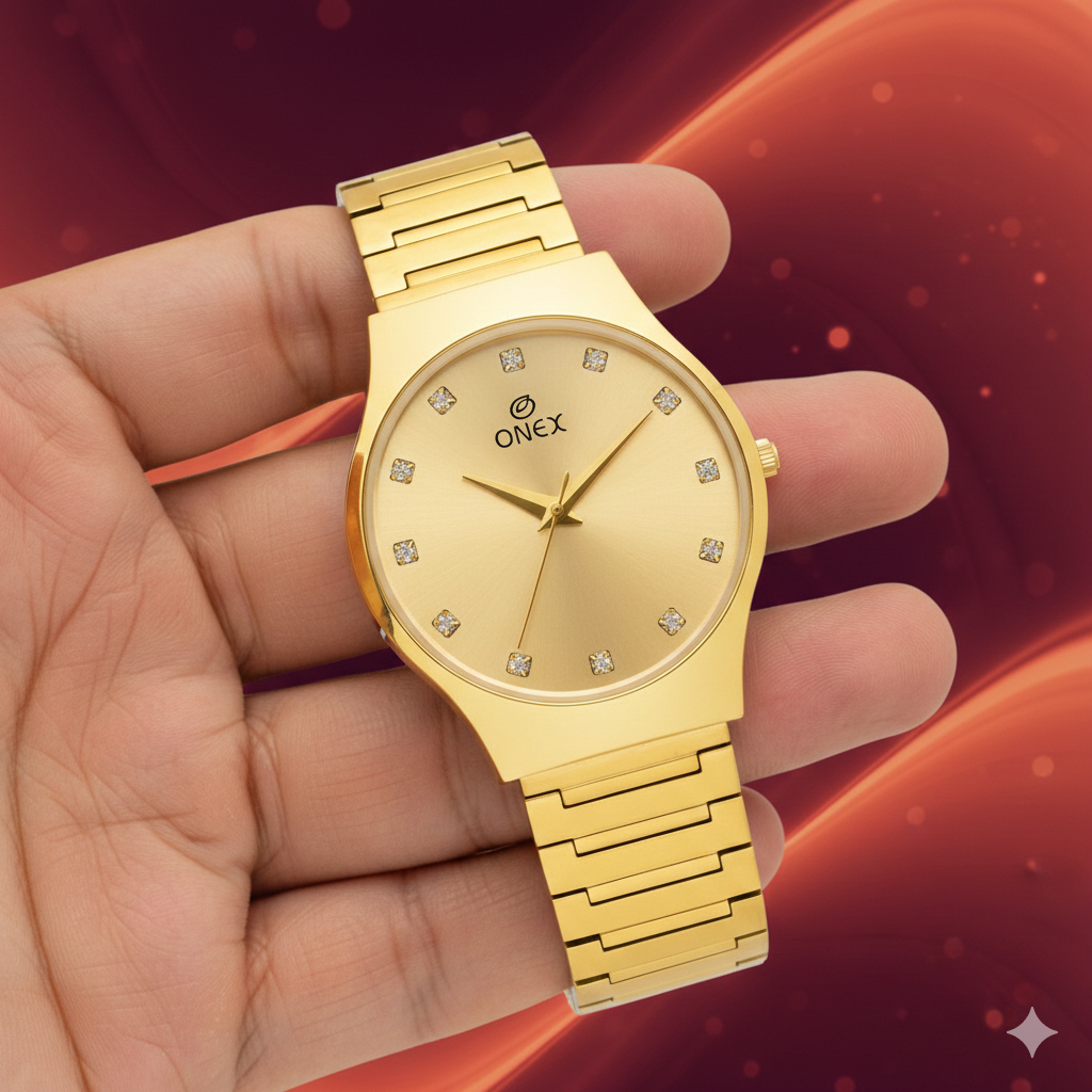ONEX Premium Gold-Tone Analog Watch with Gold Sunray Dial & Crystal Hour Markers