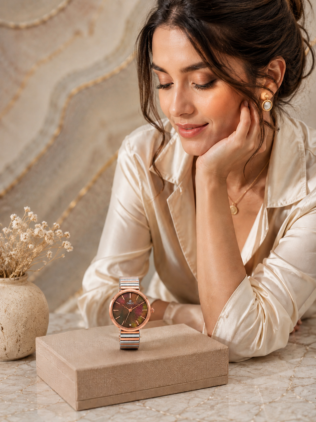Onex Women’s Rose Gold Brown Pearl Dial Slim Bracelet Watch