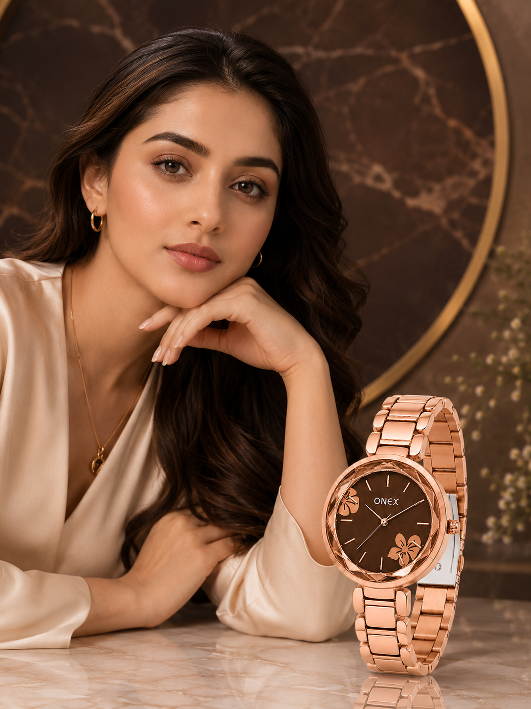 ONEX Women's Rose Gold Analog Watch | Floral Sunray Brown Dial | Premium Bracelet Strap | Quartz Movement | Elegant Dress Watch