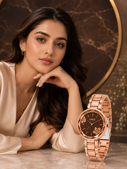 ONEX Women's Rose Gold Analog Watch | Floral Sunray Brown Dial | Premium Bracelet Strap | Quartz Movement | Elegant Dress Watch