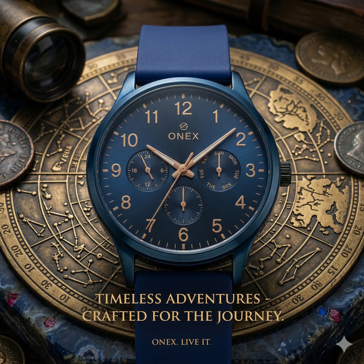 ONEX Men's Multifunction Analog Watch | Blue Dial with Day-Date Display | Blue Silicone Strap | Stylish Casual & Formal Wrist Watch for Men