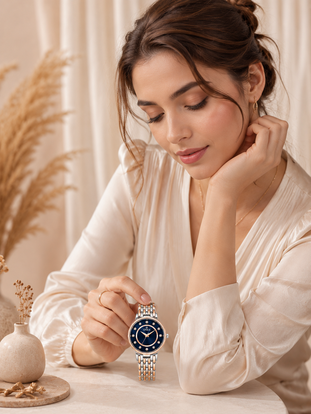 Onex Women’s Blue Analog Watch with Crystal Studded Dial & Dual Tone Bracelet Strap
