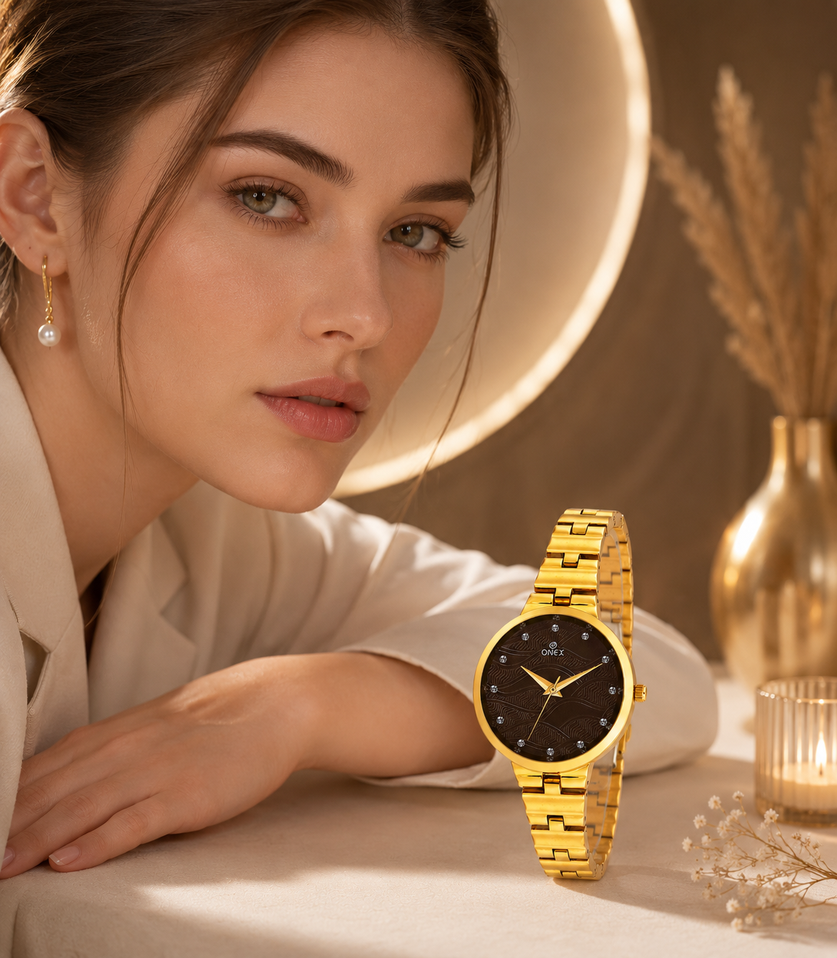 ONEX Stylish Gold Bracelet Watch for Women with Designer Textured Dial