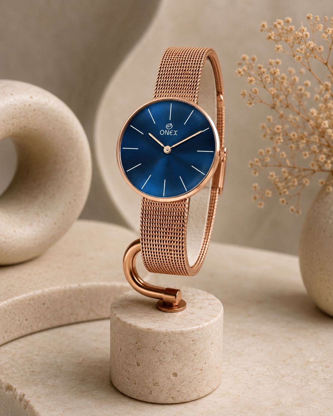 ONEX Women’s Rose Gold Analog Watch with Minimalist Dial & Mesh Metal Strap
