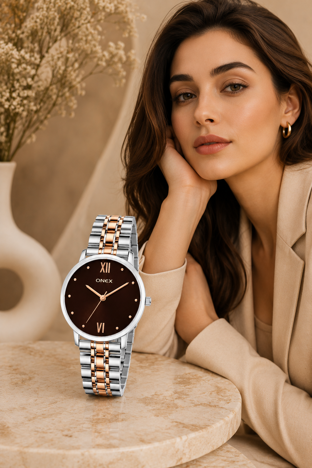 ONEX Women's Analog Wrist Watch for women | Two Tone Stainless Steel Bracelet Strap | Brown Sunray Dial | Premium Casual & Formal Watch