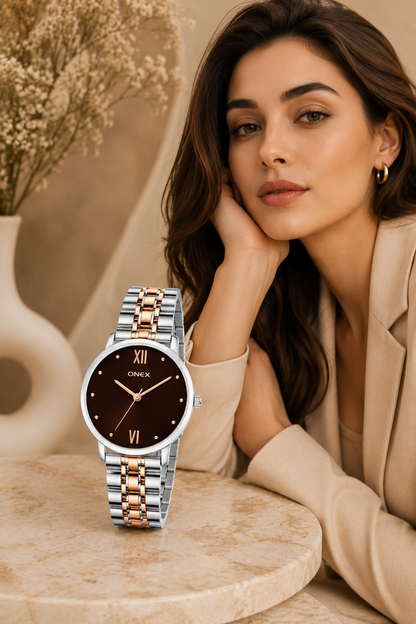 ONEX Women's Analog Wrist Watch for women | Two Tone Stainless Steel Bracelet Strap | Brown Sunray Dial | Premium Casual & Formal Watch