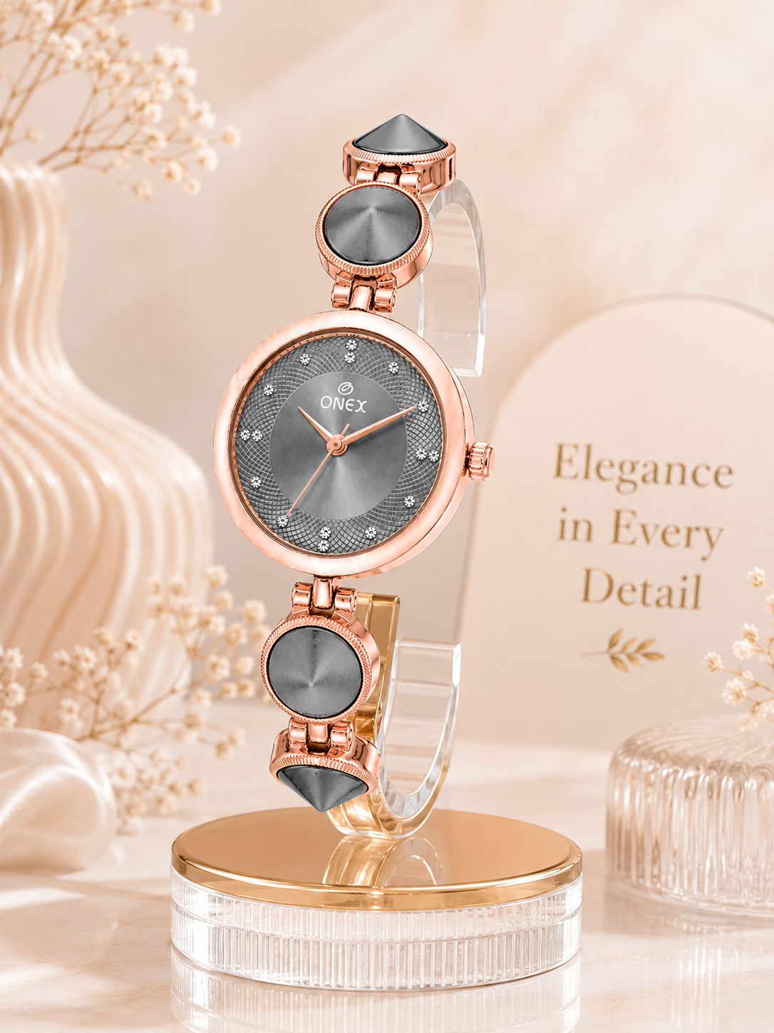 Onex Women’s Rose Gold Designer Bracelet Watch with Grey Textured Dial