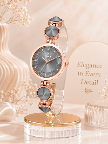 Onex Women’s Rose Gold Designer Bracelet Watch with Grey Textured Dial