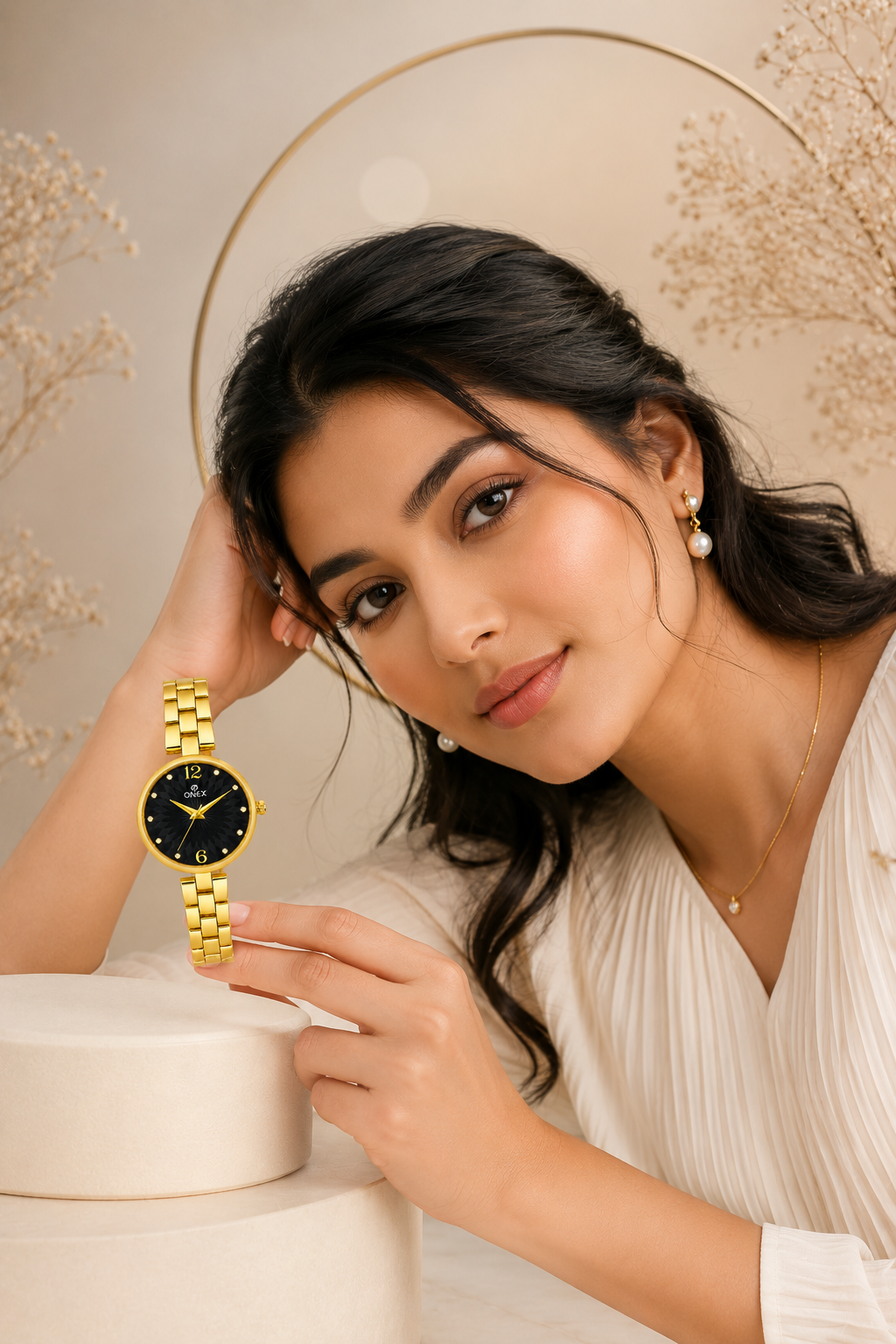 ONEX Women’s Gold-Tone Designer Bracelet Watch with Crystal Studded Dial Black