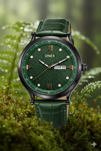 ONEX Men’s Analog Watch with Day & Date Display, Green Textured Dial, Green Leather Strap, Roman Index – Stylish Formal Wrist Watch for Men