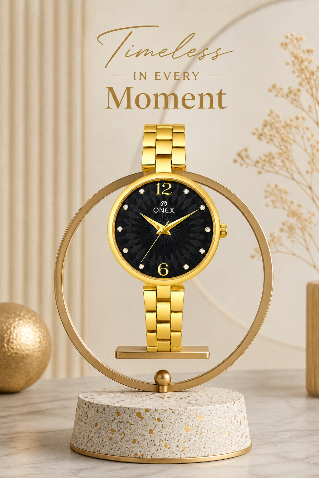 ONEX Women’s Gold-Tone Designer Bracelet Watch with Crystal Studded Dial Black
