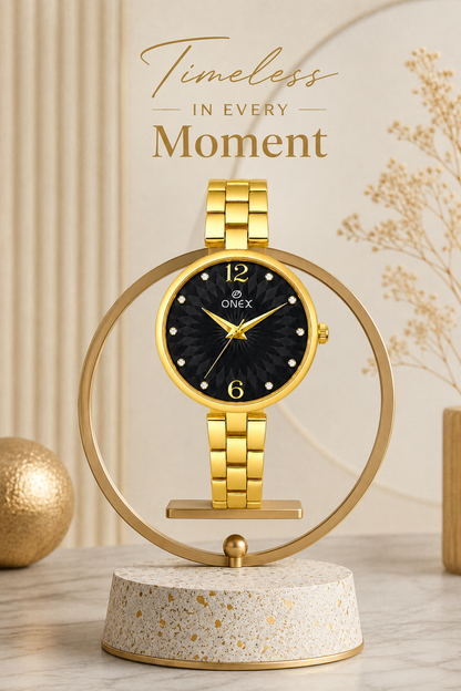 ONEX Women’s Gold-Tone Designer Bracelet Watch with Crystal Studded Dial Black