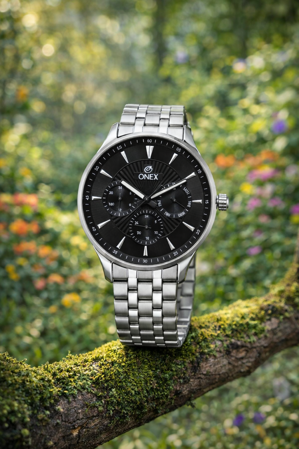 ONEX Men's Premium Multifunction Analog Watch for Men | Black Sunray Dial | Silver Stainless Steel Bracelet | Quartz Movement | Stylish Casual & Formal Wrist Watch