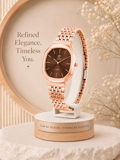 Onex Slim Rose Gold Stainless Steel Analog Watch for Women | Brown Sunray Dial | Elegant Bracelet Strap