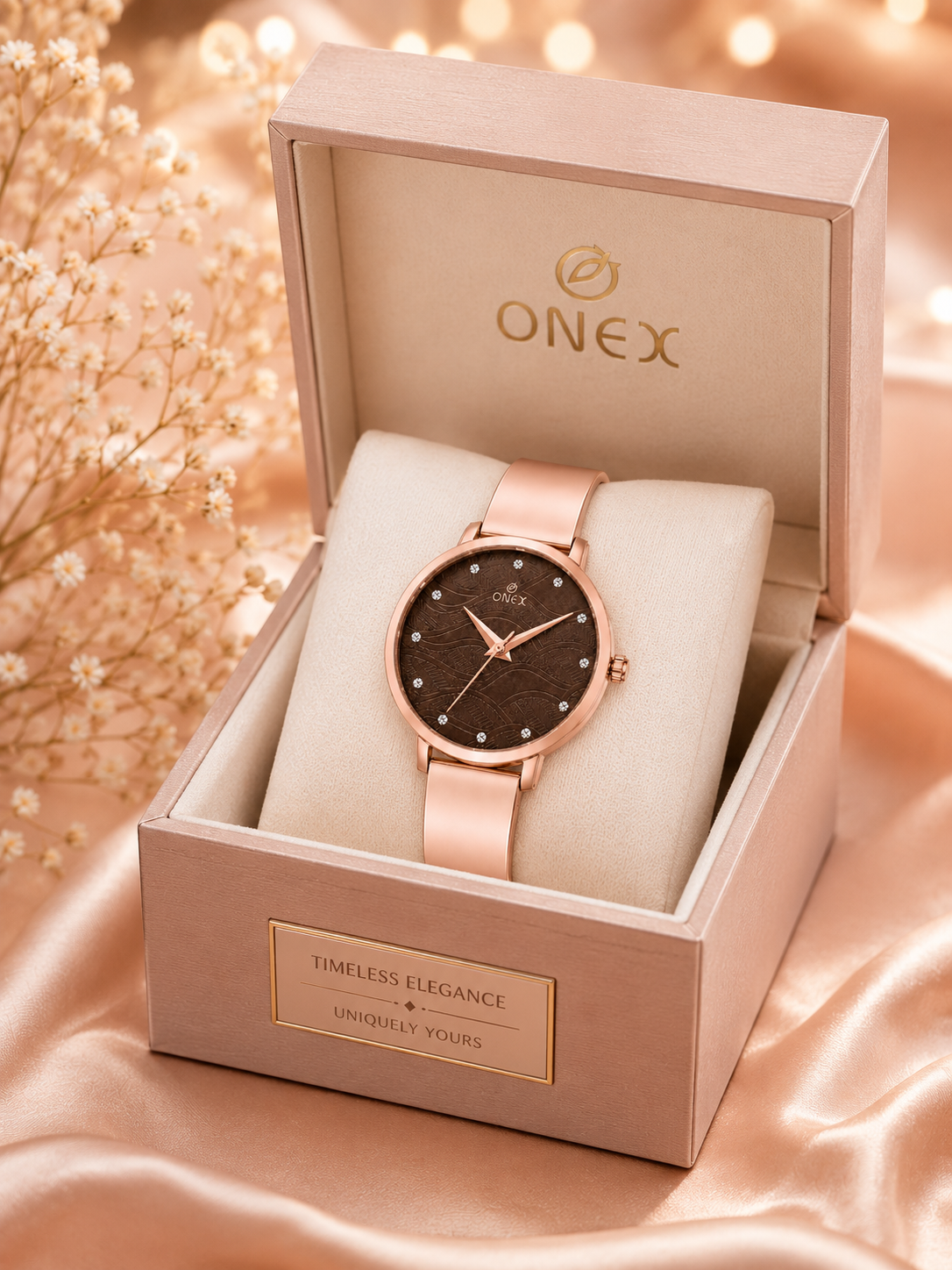 ONEX Women's Rose Gold Stainless Steel Analog Watch | Textured Brown Dial with Crystal Hour Markers | Elegant Bracelet Strap | Fashion Wrist Watch for Women