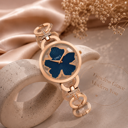 ONEX Rose Gold Women’s Bracelet Watch with Dark Green Textured Dial & Crystal Accents
