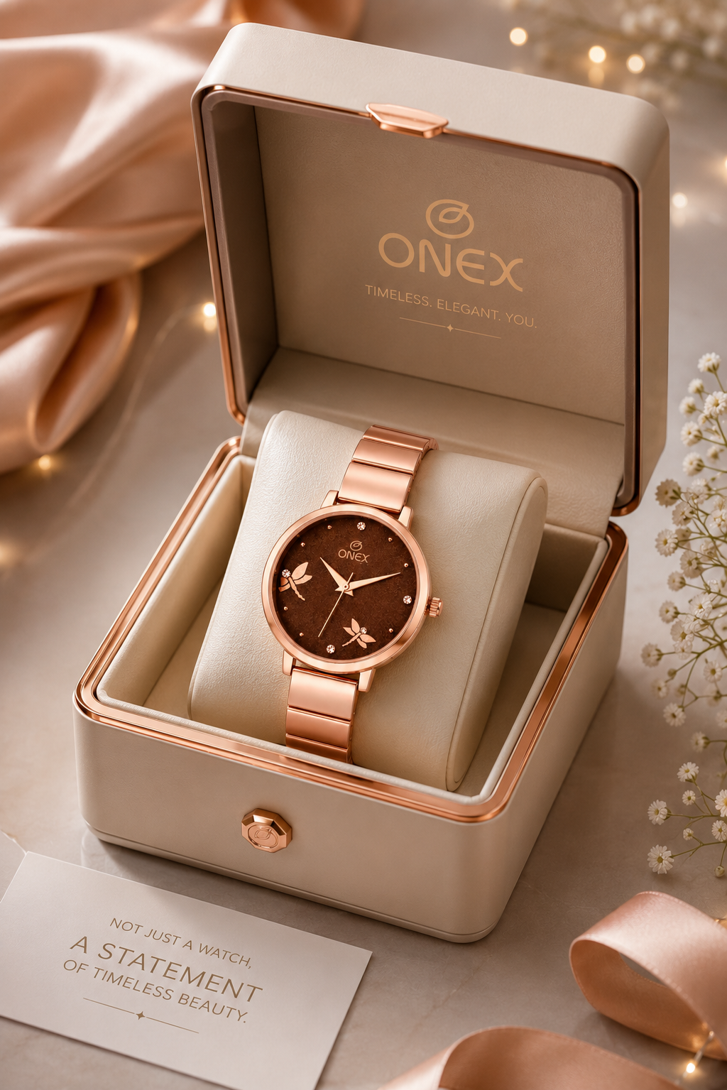 Onex Women’s Rose Gold Bracelet Watch with Crystal Markers & Dragonfly Dial