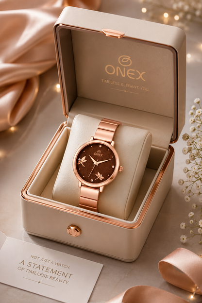 Onex Women’s Rose Gold Bracelet Watch with Crystal Markers & Dragonfly Dial