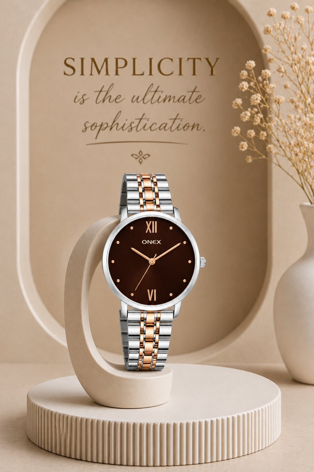 ONEX Women's Analog Wrist Watch for women | Two Tone Stainless Steel Bracelet Strap | Brown Sunray Dial | Premium Casual & Formal Watch