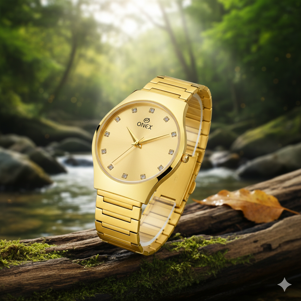 ONEX Premium Gold-Tone Analog Watch with Gold Sunray Dial & Crystal Hour Markers