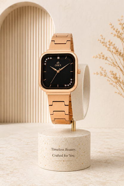 ONEX Rose Gold Square Dial Analog Watch for Women | Crystal Accent Dial | Metal Strap