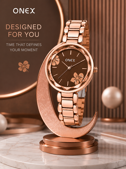 ONEX Women's Rose Gold Analog Watch | Floral Sunray Brown Dial | Premium Bracelet Strap | Quartz Movement | Elegant Dress Watch