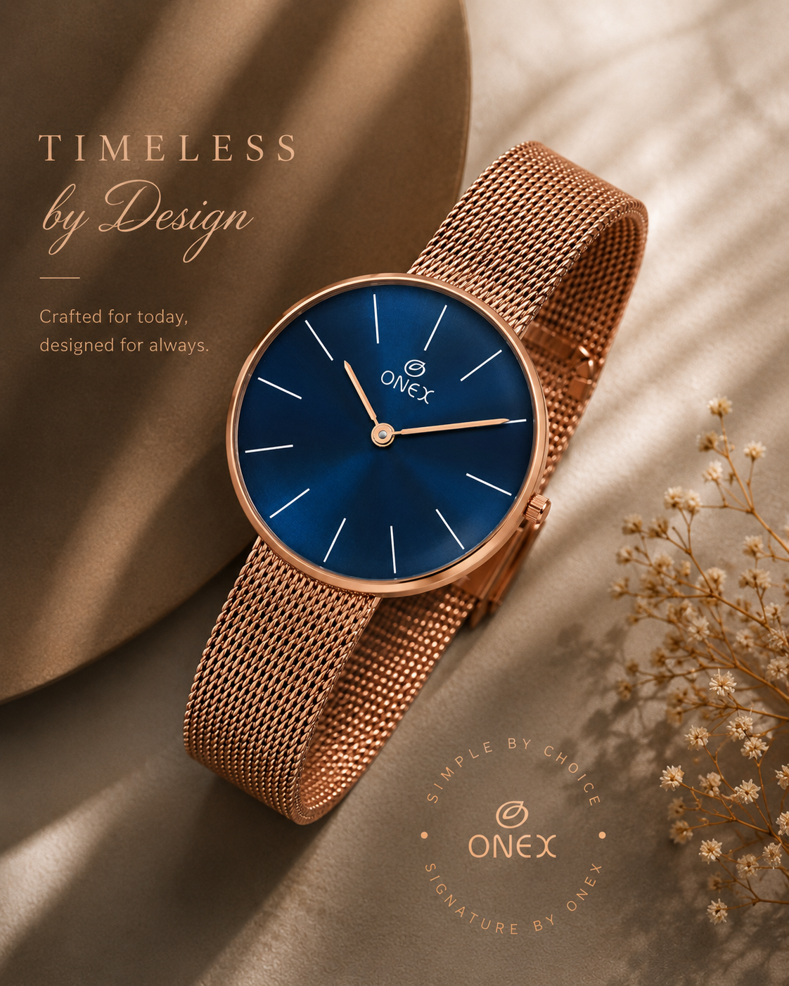 ONEX Women’s Rose Gold Analog Watch with Minimalist Dial & Mesh Metal Strap