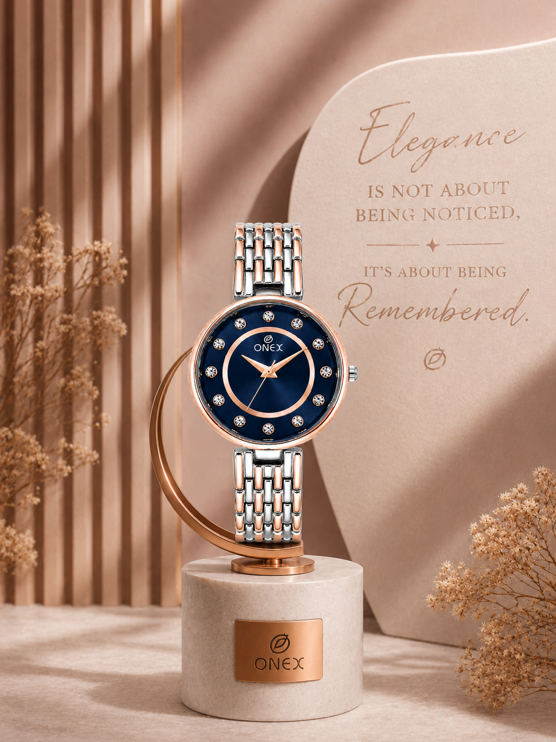 Onex Women’s Blue Analog Watch with Crystal Studded Dial & Dual Tone Bracelet Strap