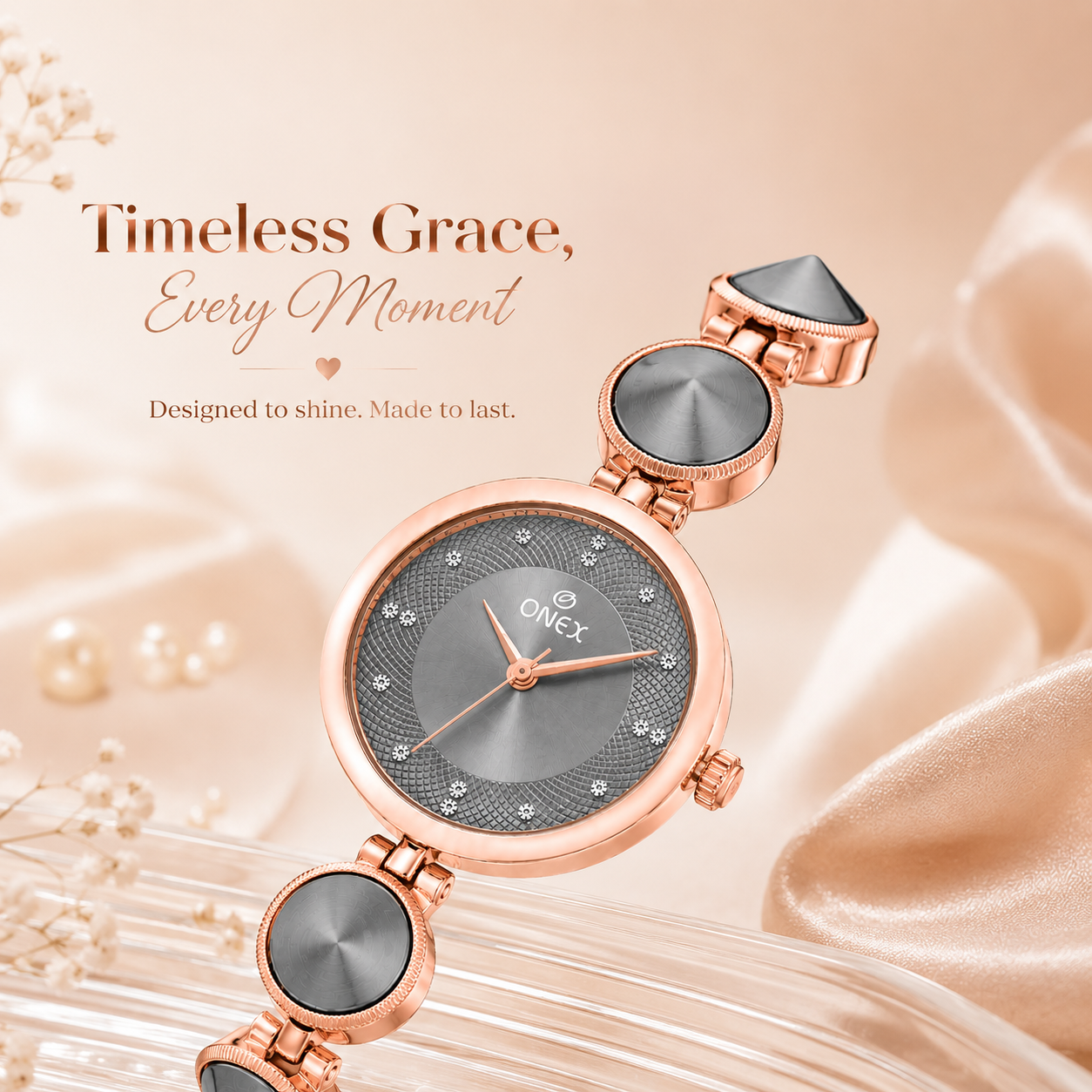 Onex Women’s Rose Gold Designer Bracelet Watch with Grey Textured Dial